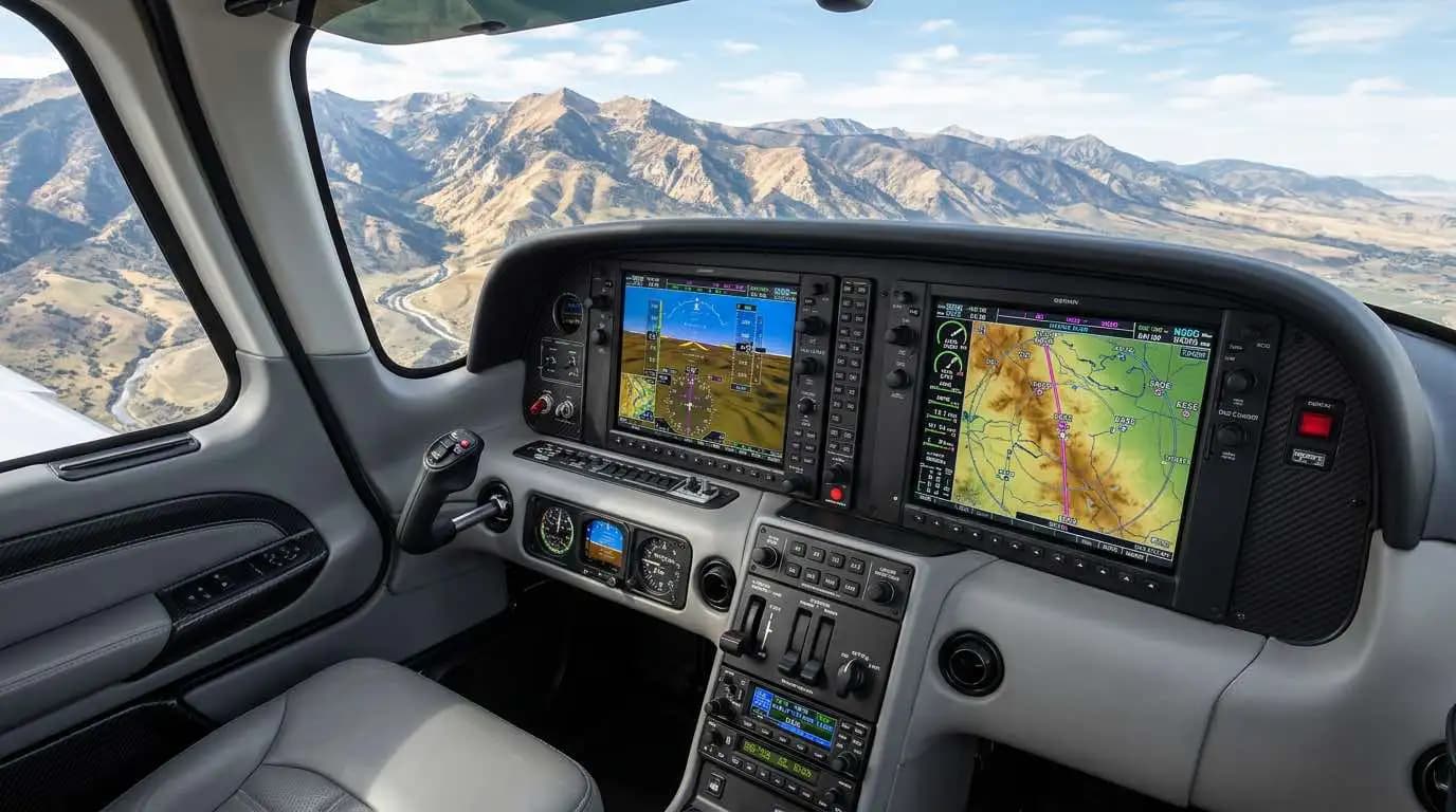 Cirrus SR22 G7 cockpit showing Garmin Perspective Plus dual touchscreen avionics displays and GFC 700 autopilot controls
