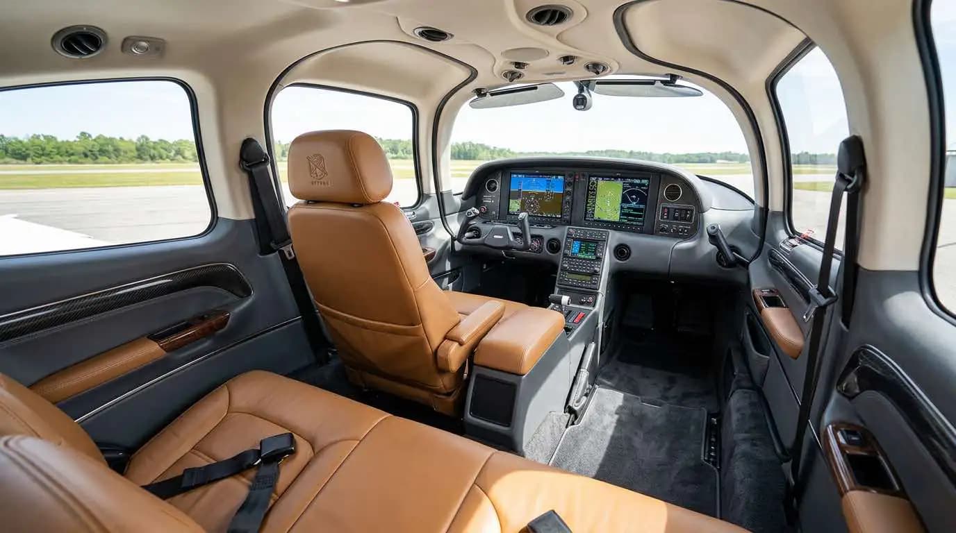 Cirrus SR22 GTS cabin interior showing premium leather seating configuration and modern instrument panel design