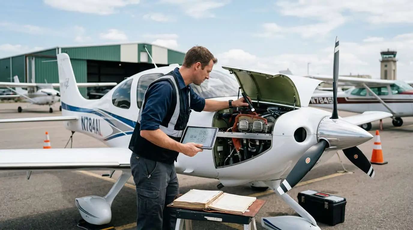 Cirrus SR22 undergoing pre-purchase inspection on ramp with Cirrus-authorized technician reviewing composite airframe and engine