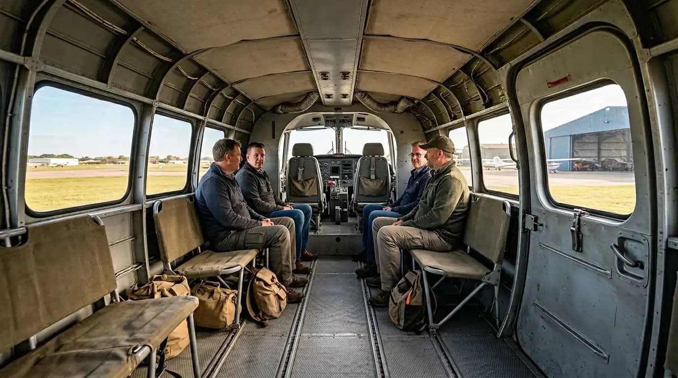 Dornier Do 27 cabin interior showing utility passenger seating and large cargo doors
