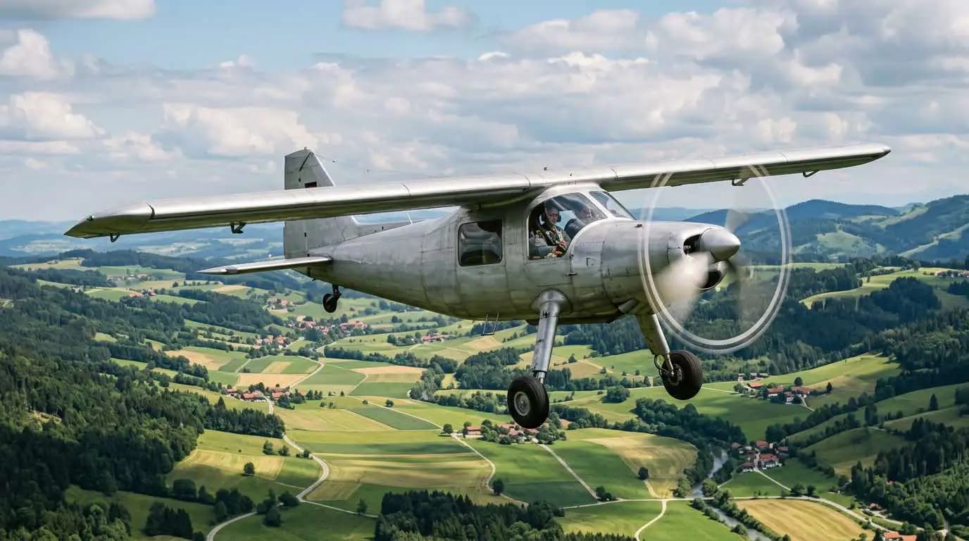 Dornier Do 27 in flight over green valley showing high-wing configuration and STOL silhouette