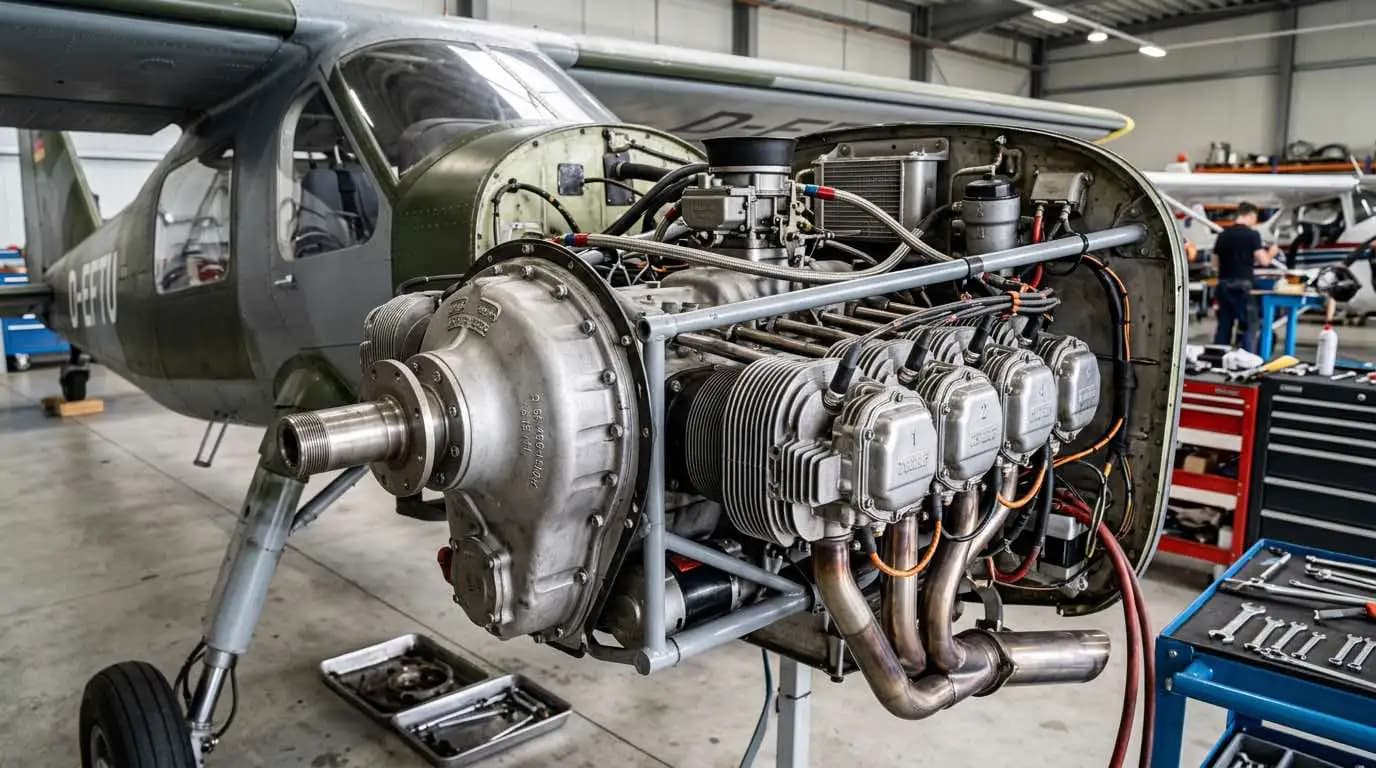 Dornier Do 27 Lycoming GO-480 engine exposed with cowling removed during maintenance inspection