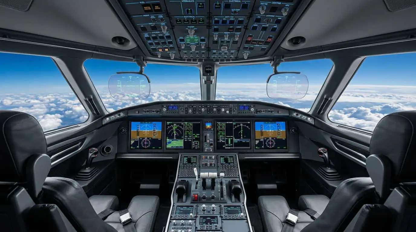 Advanced glass cockpit avionics suite inside expensive private jet showing head-up display and flight management system