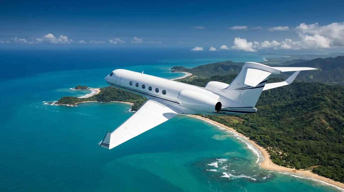 Expensive private jet flying at high altitude over ocean coastline showing sleek aerodynamic design