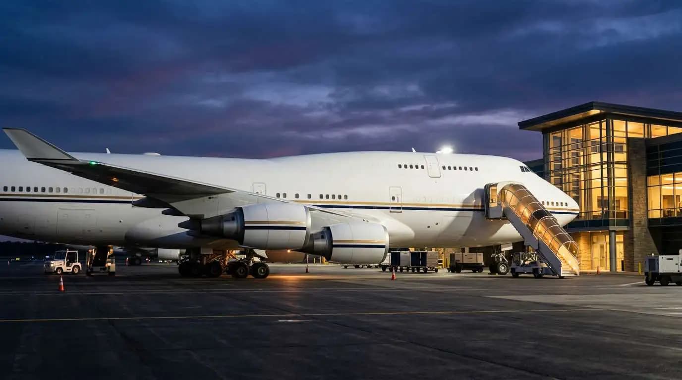 Wide-body VIP private jet parked at exclusive terminal showing massive airframe scale and private boarding stairs
