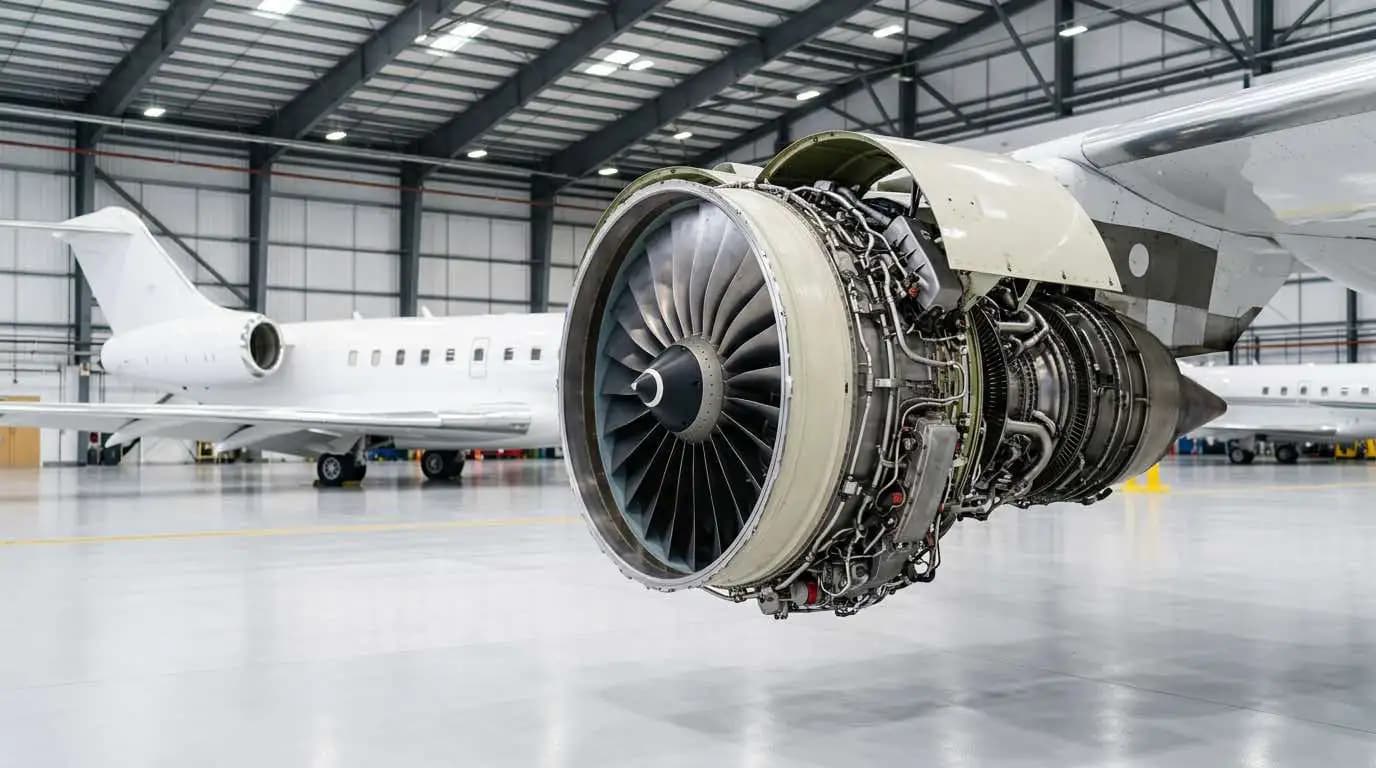 Engine maintenance inspection inside hangar showing turbine components of expensive private jet powerplant