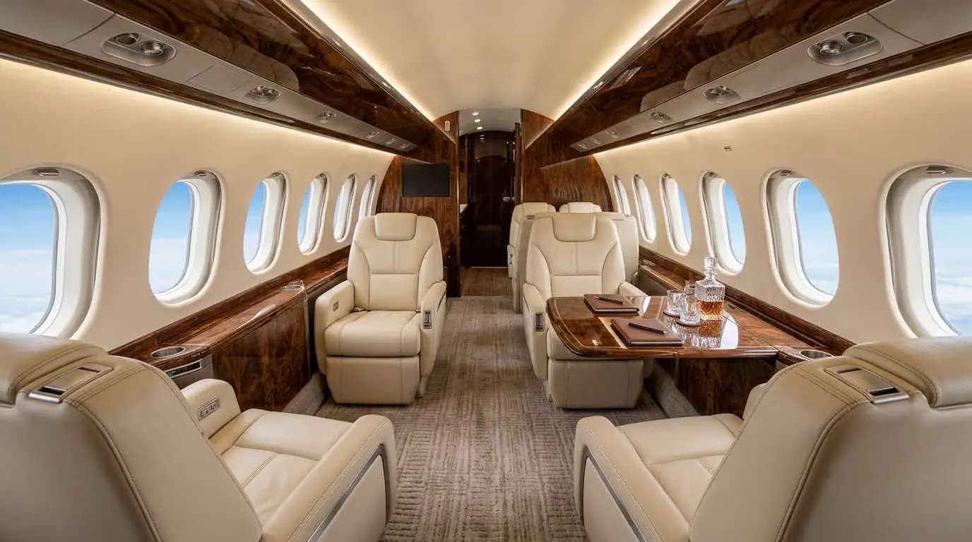 Luxurious cabin interior of expensive private jet showing bespoke seating and premium materials throughout