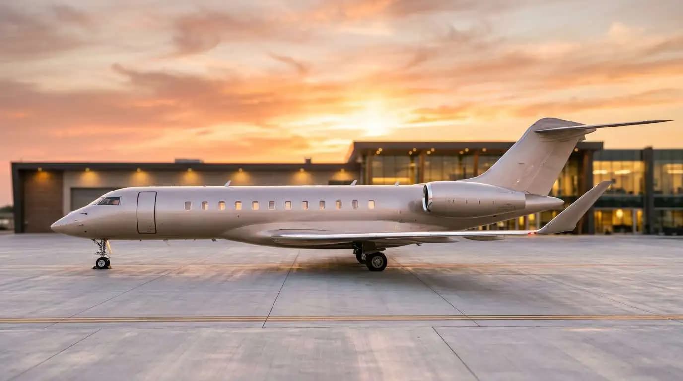 Ultra-luxury expensive private jet parked on executive ramp at sunset showing large cabin airframe