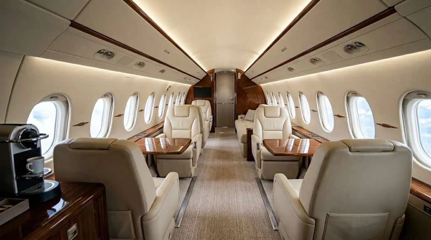 Gulfstream G280 cabin interior showing double-club seating arrangement with premium leather and wood veneer