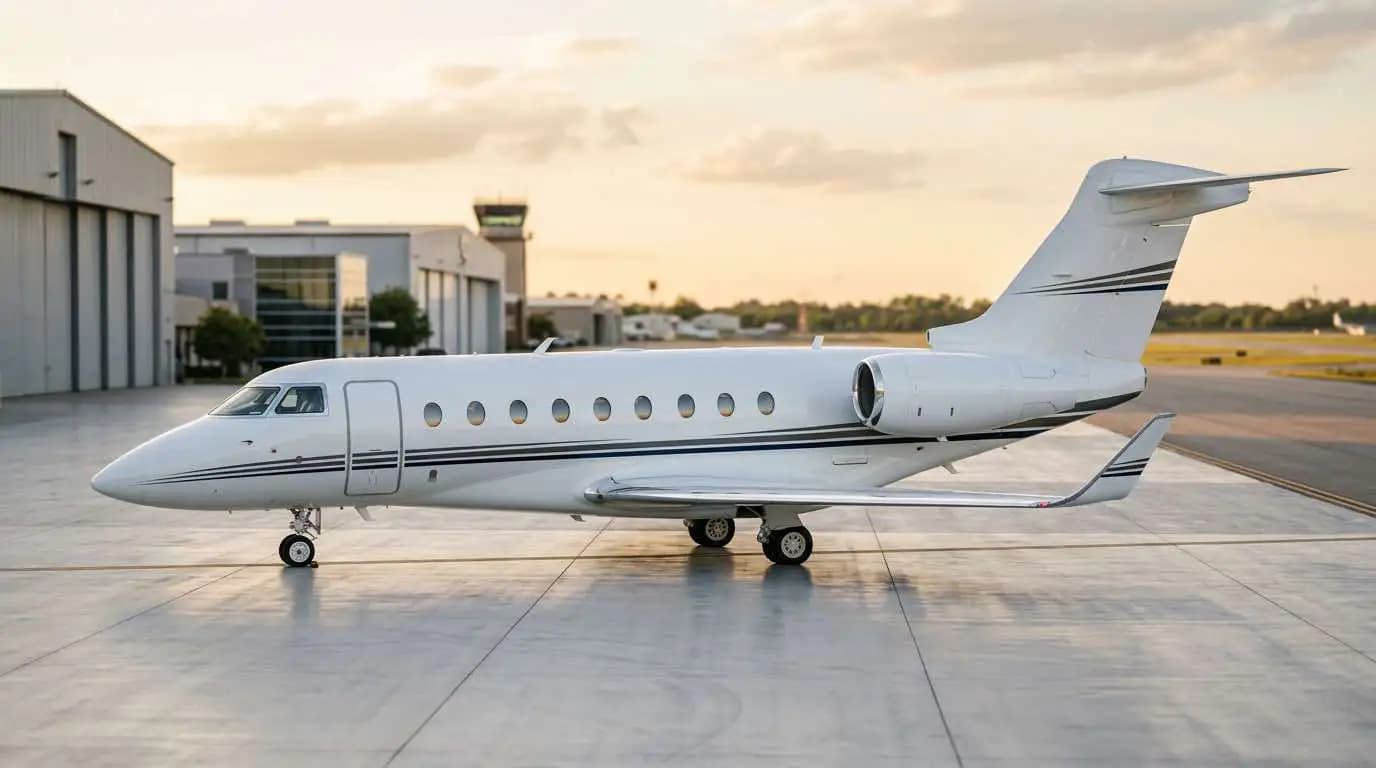Gulfstream G280 parked on executive ramp showing super-midsize twin-engine jet side profile