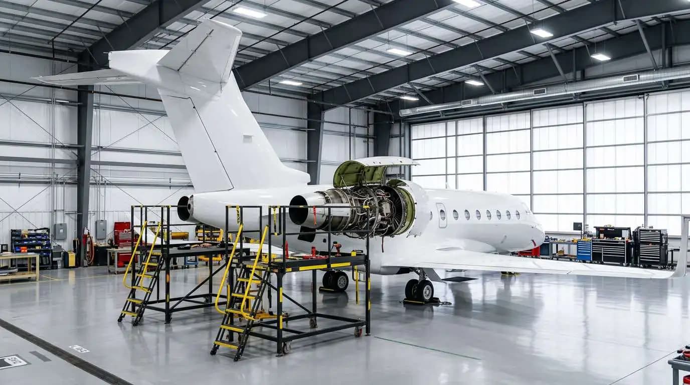 Gulfstream G280 inside maintenance hangar showing open engine cowlings during scheduled inspection