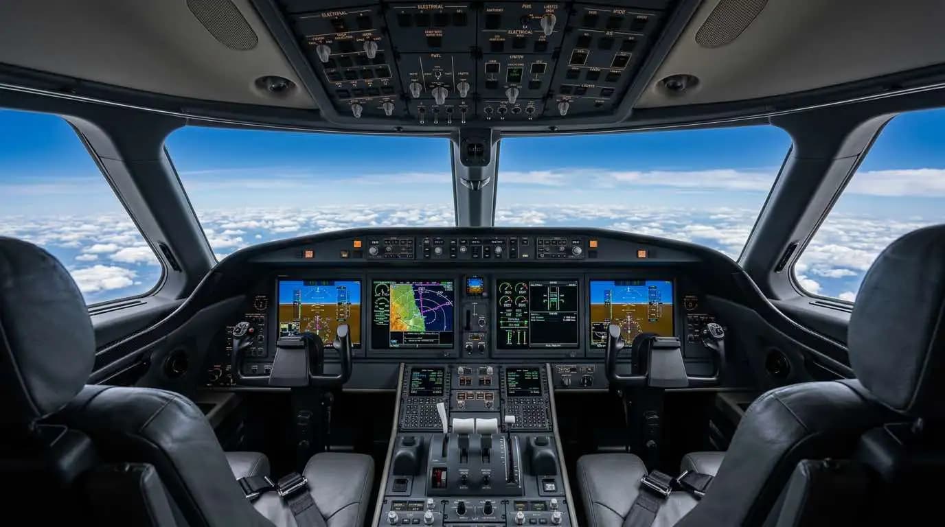 PlaneView 280 cockpit inside Gulfstream G280 showing four large LCD flight displays and integrated avionics