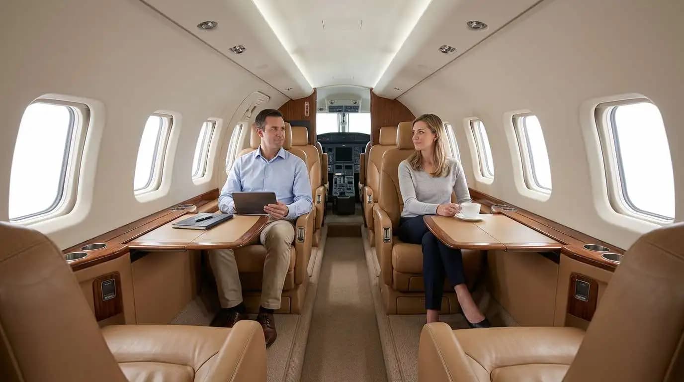 Pilatus PC-12 executive cabin interior showing leather passenger seating configuration and large pressurized cabin