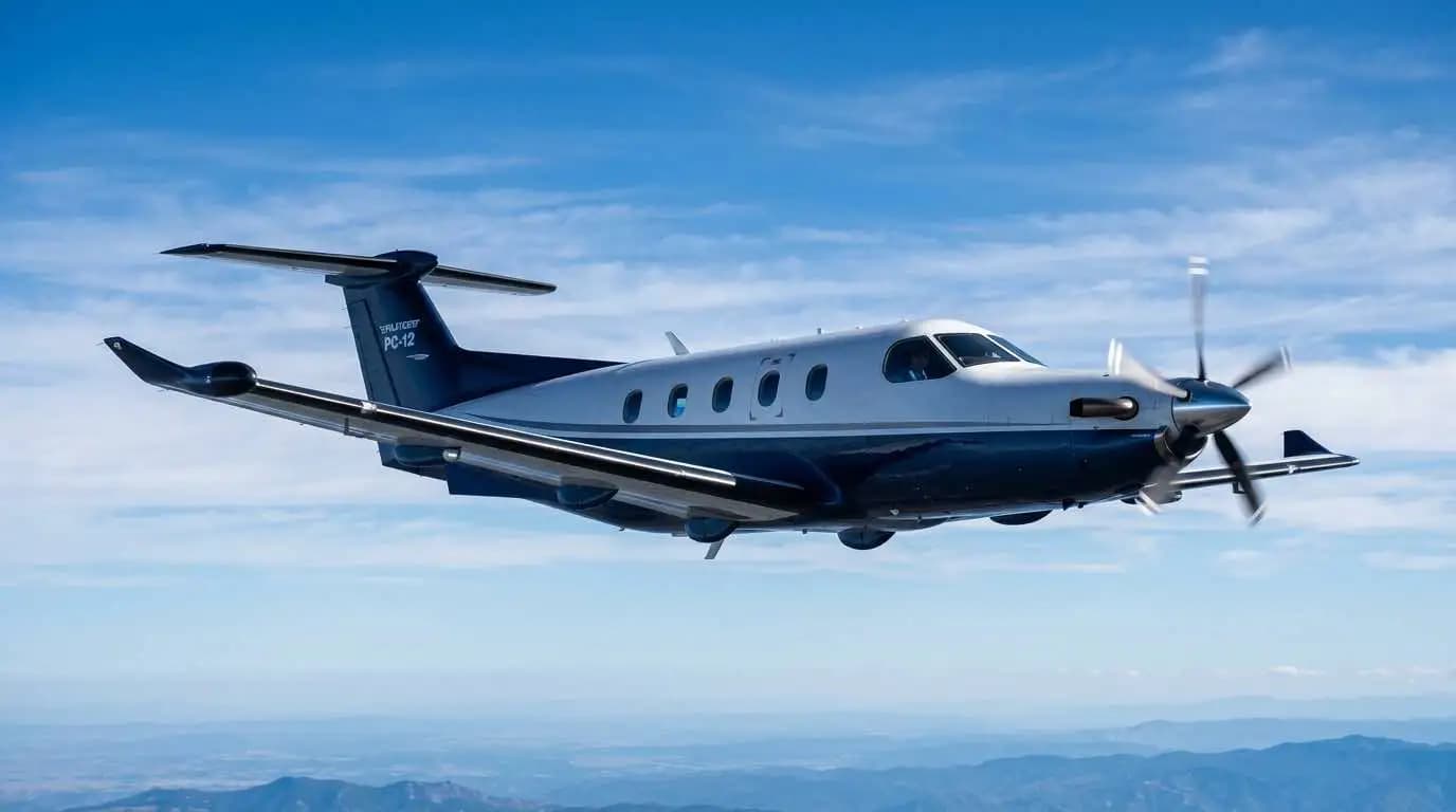 Pilatus PC-12 in cruise flight at altitude showing PT6 turboprop engine cowling and distinctive T-tail empennage