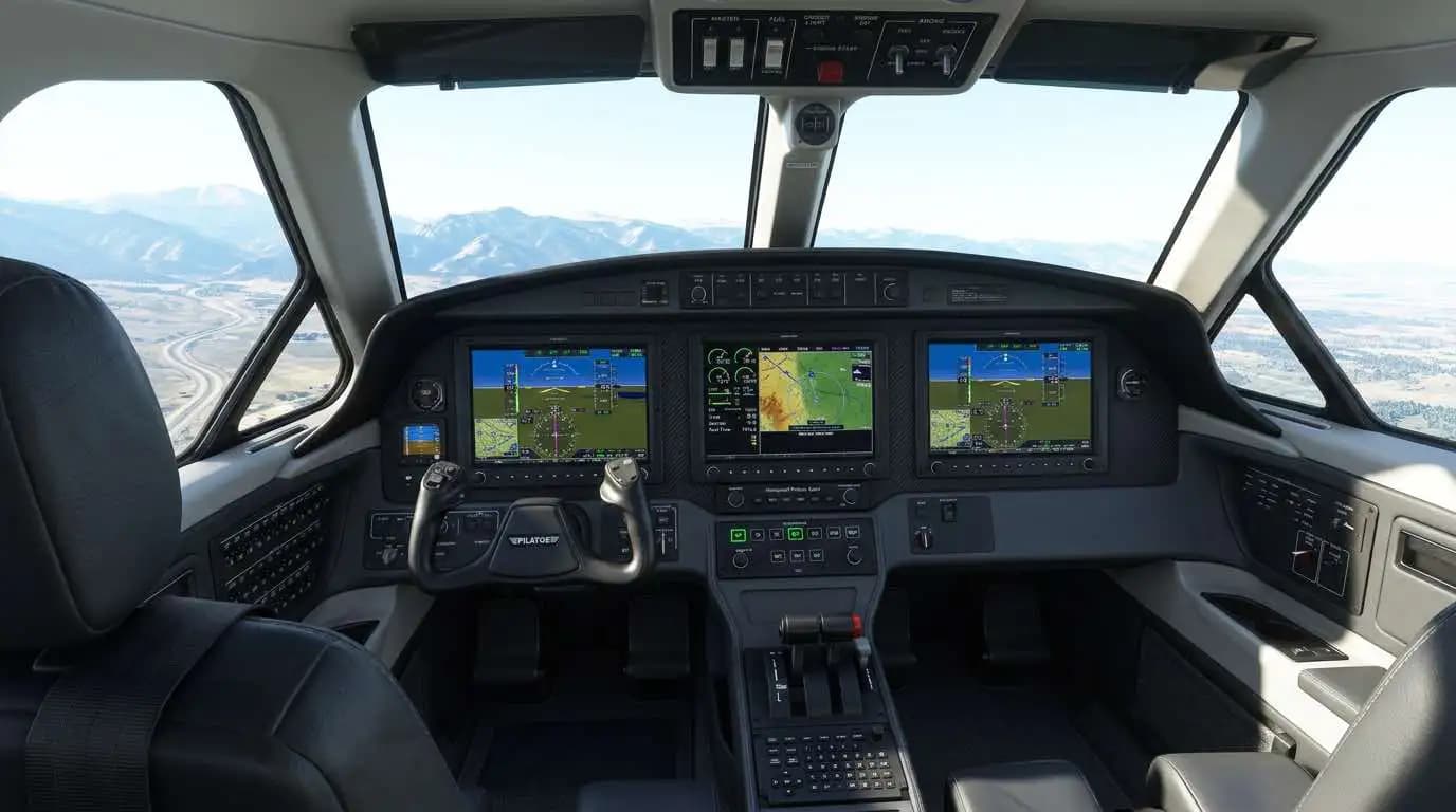 Pilatus PC-12 NGX cockpit showing Honeywell Primus Apex dual display avionics suite and single-pilot instrument layout