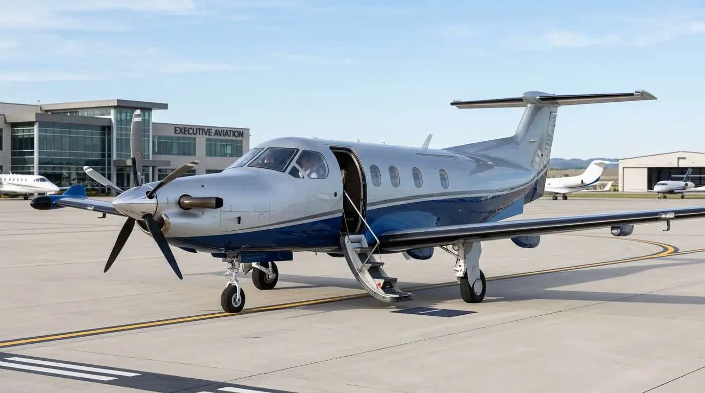 Pilatus PC-12 parked on executive ramp showing single-engine turboprop profile and distinctive T-tail design