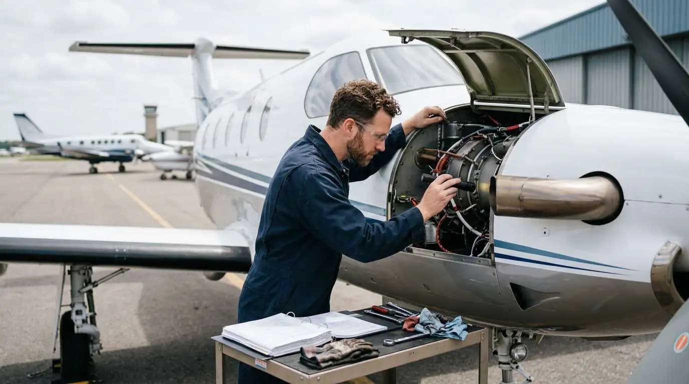 Pilatus PC-12 undergoing pre-purchase inspection on ramp with Pilatus-authorized technician reviewing PT6 engine and airframe