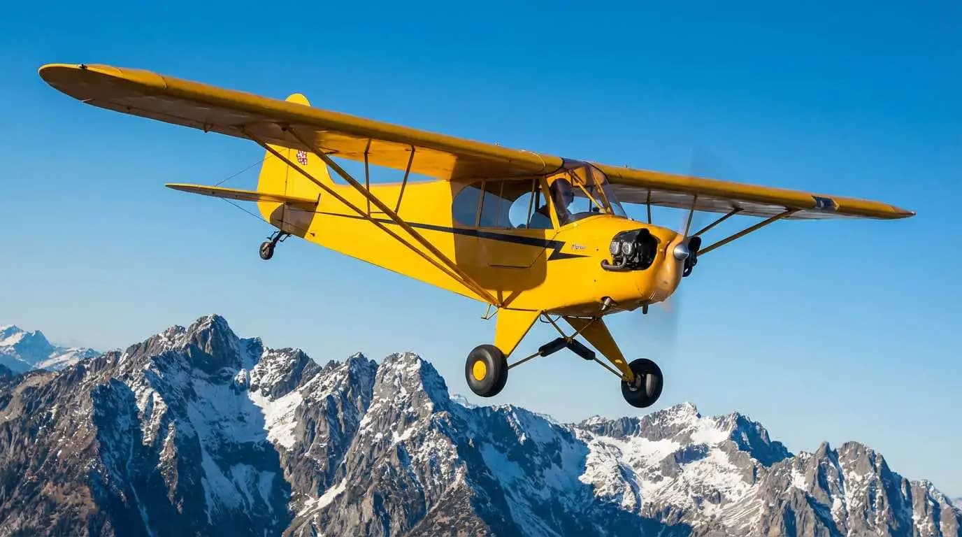 Piper J3 Cub in flight over mountainous terrain showing compact wing span and fuselage profile