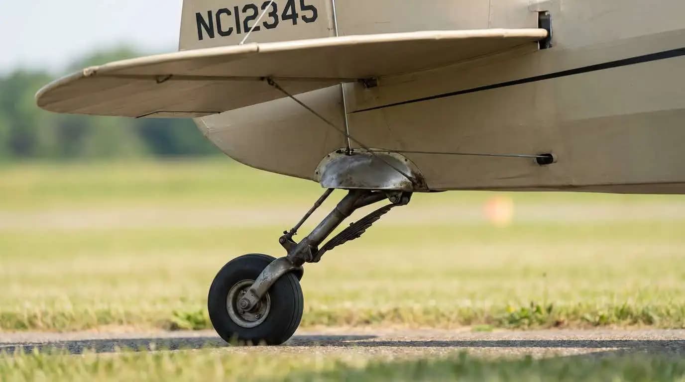 Piper J3 Cub tailwheel landing gear detail showing classic fixed configuration and strut design