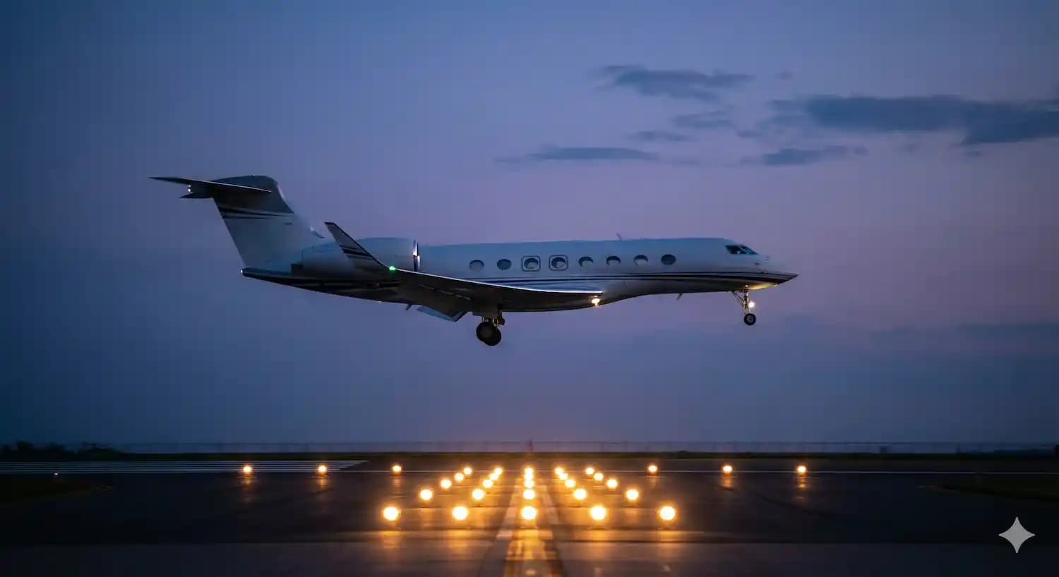 Business aircraft on short final approach over runway