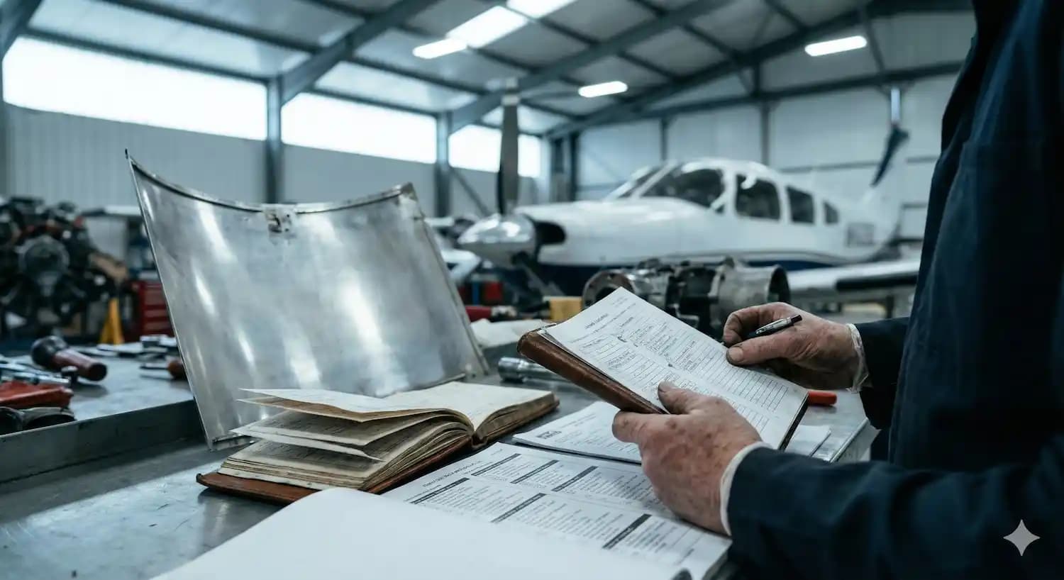 Technician reviewing aircraft maintenance in hangar