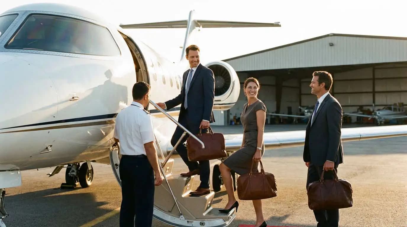 Private jet passengers boarding light jet at FBO showing charter and fractional access options for private aviation