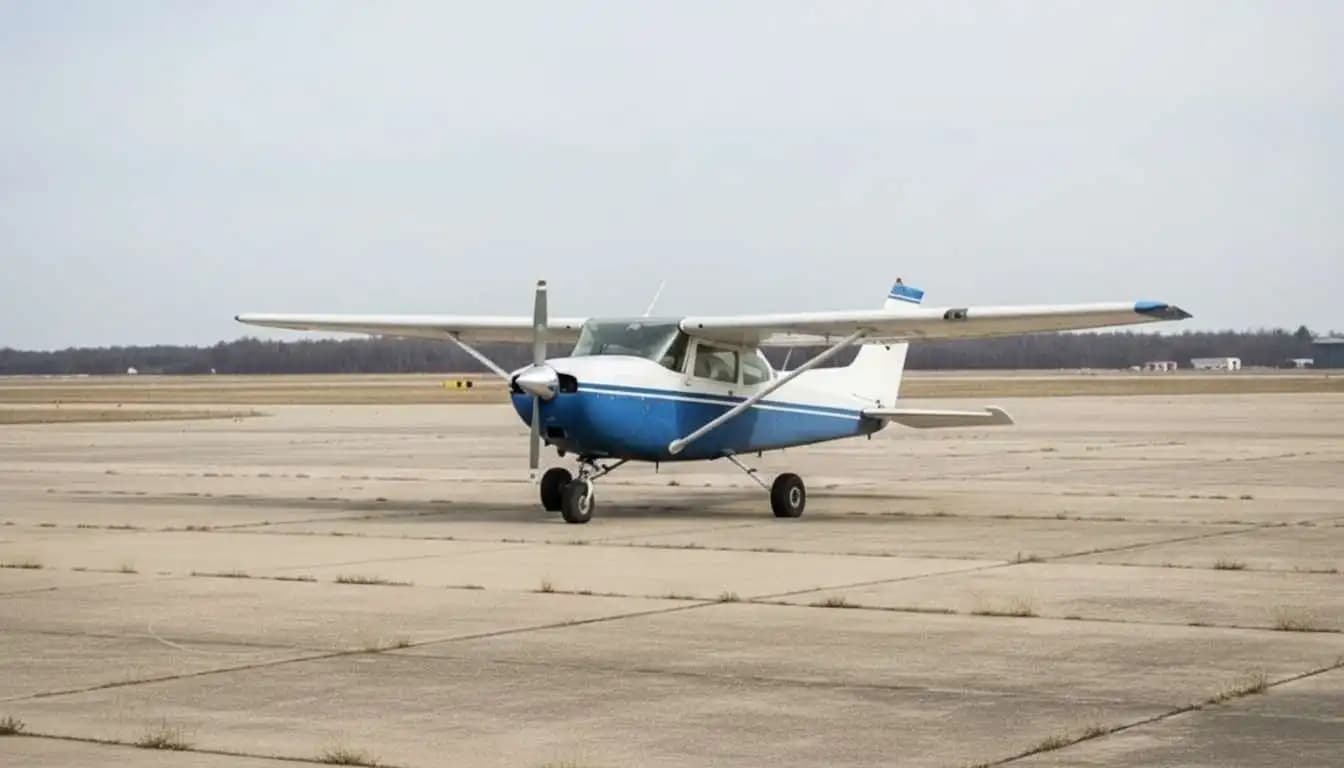 Repossessed single engine aircraft parked on ramp awaiting auction at regional airport