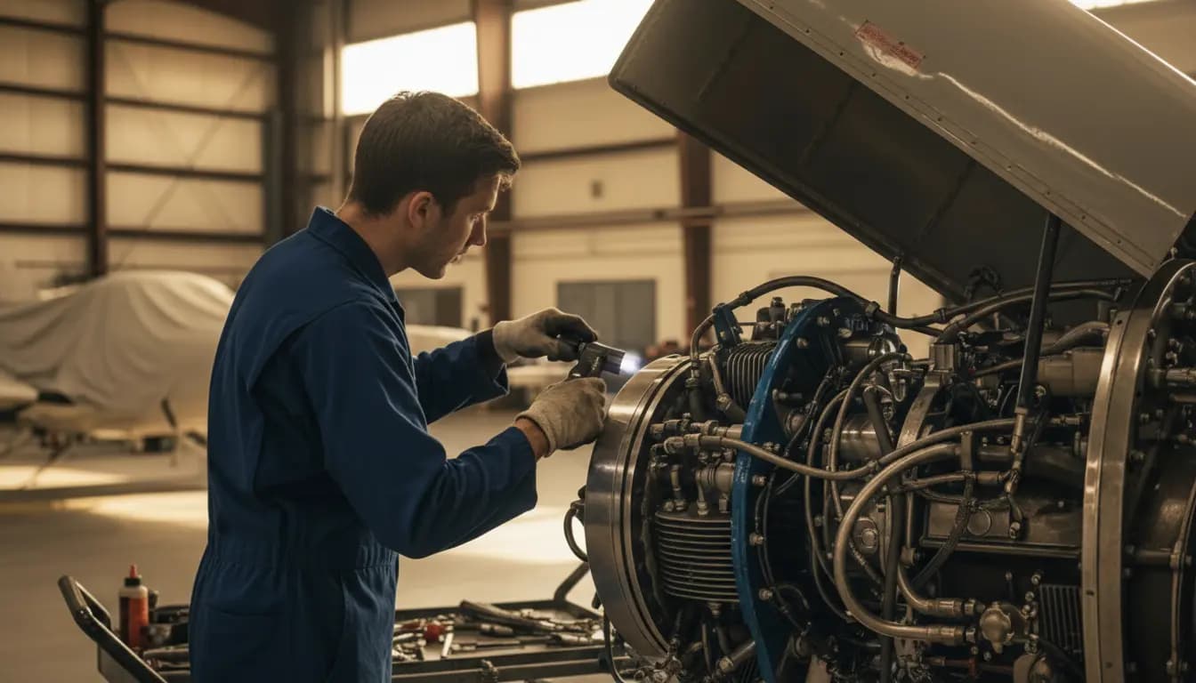 Aviation technician inspecting repossessed aircraft engine components in maintenance hangar