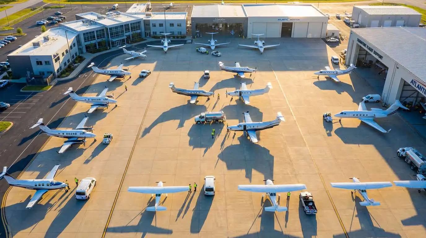 Aviation service professionals on an airport apron at sunrise