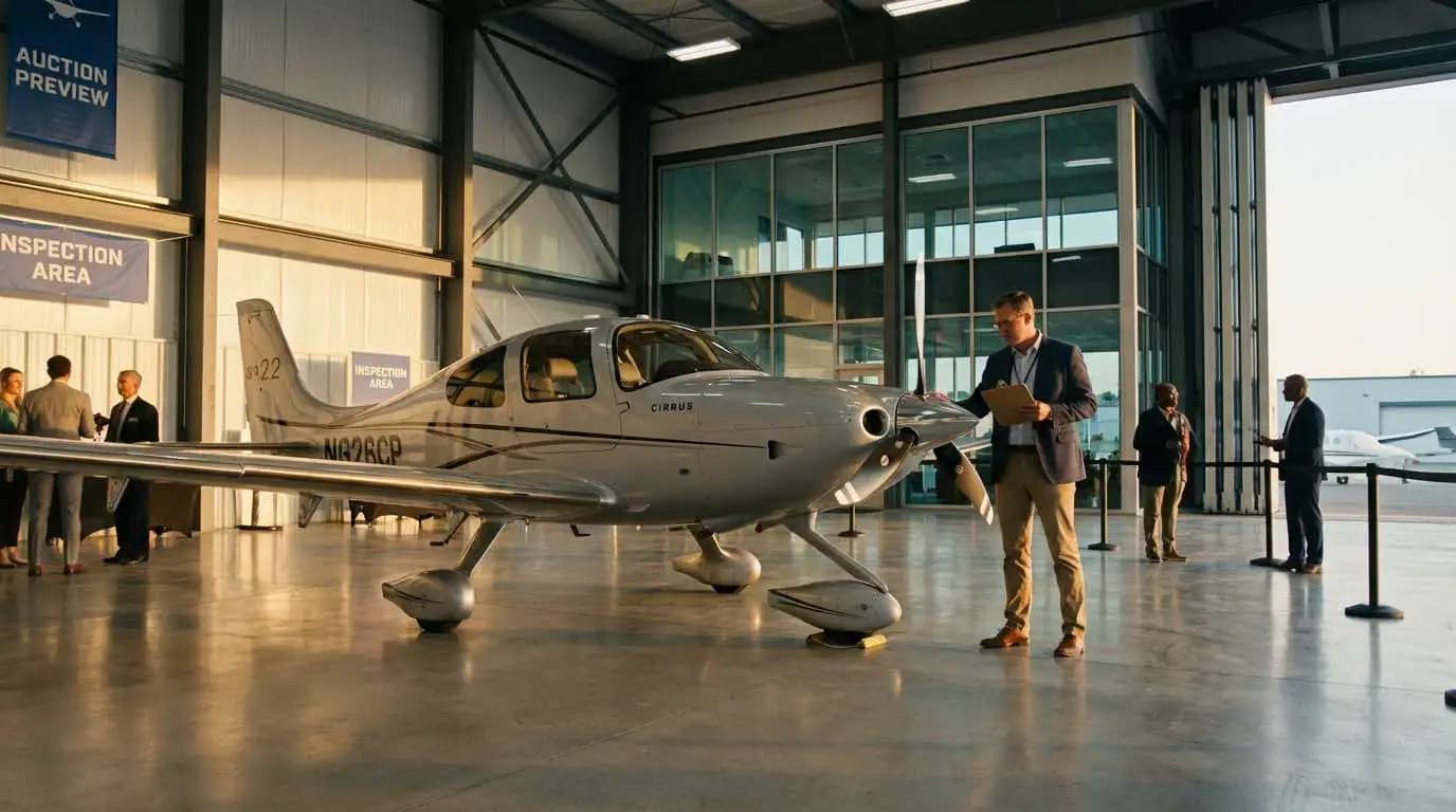 Professional aircraft auction inspection process inside a modern hangar