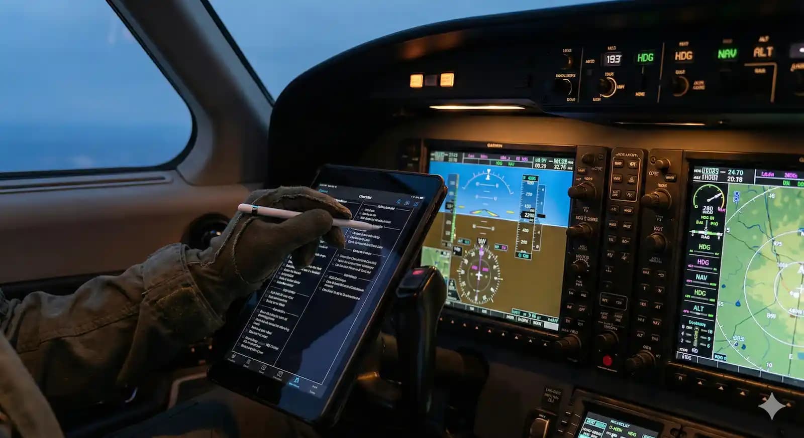Modern glass cockpit with integrated avionics and autopilot controls