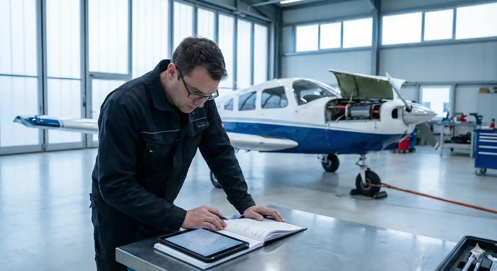 Mechanic reviewing aircraft logbooks during a pre-purchase inspection