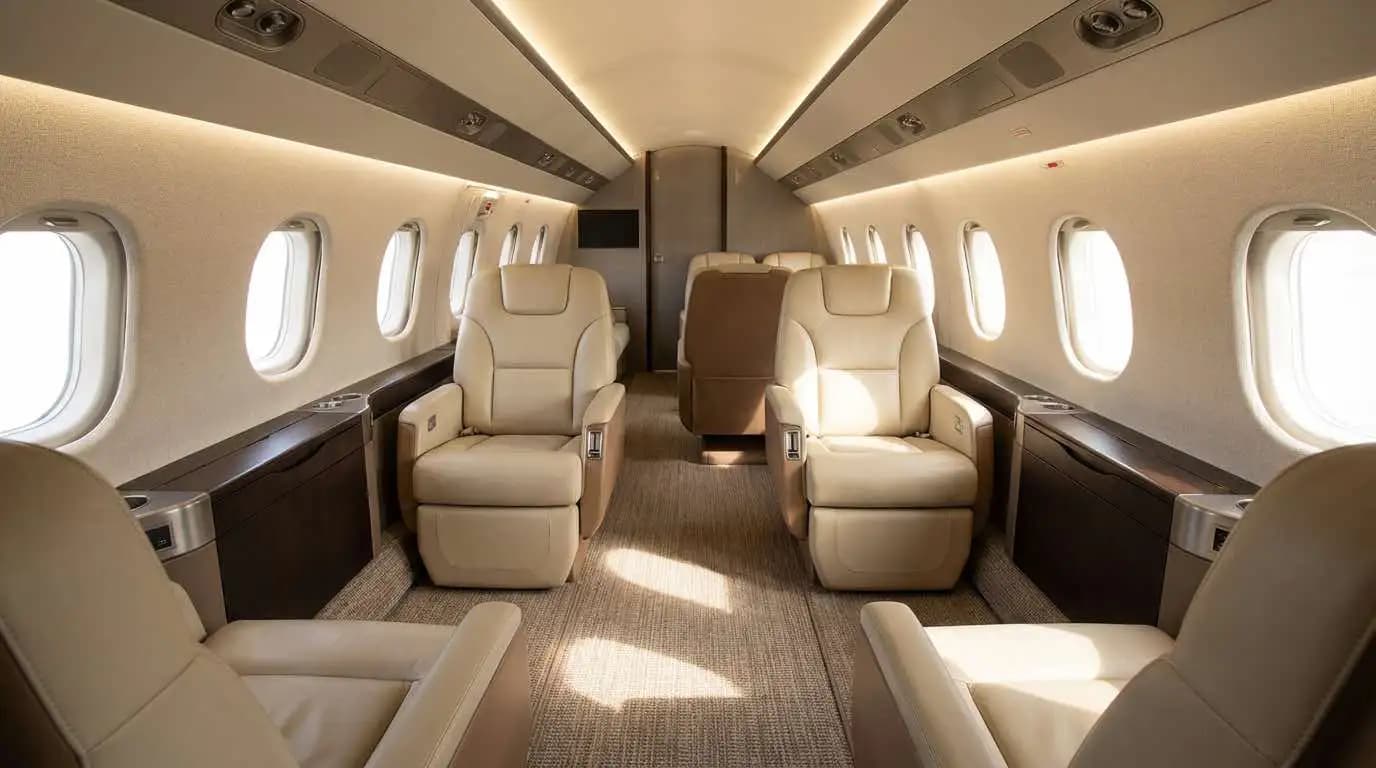 Turboprop aircraft pressurized cabin interior showing executive seating and overhead panel lighting