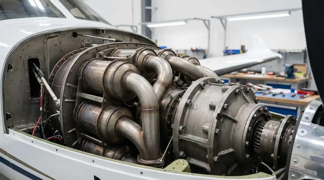 Turboprop PT6 engine detail showing reverse-flow combustion section and reduction gearbox housing