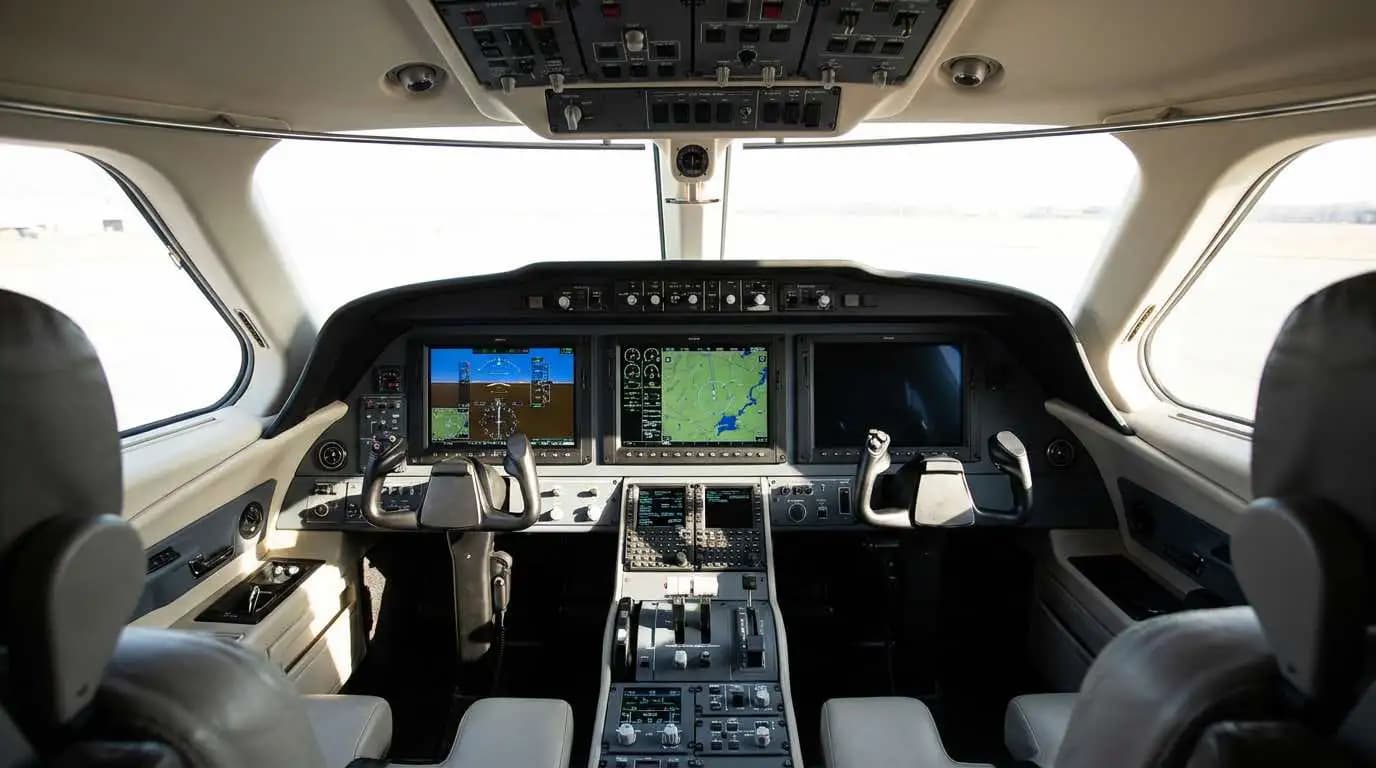 Turboprop plane cockpit showing modern glass avionics suite with dual displays and autopilot controls