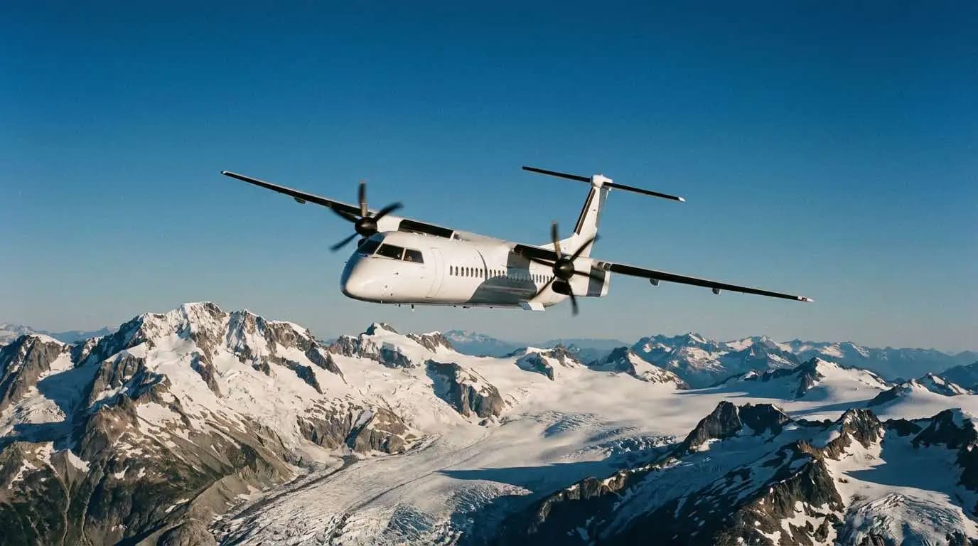 Turboprop plane in cruise flight over mountainous terrain showing high-altitude performance capability