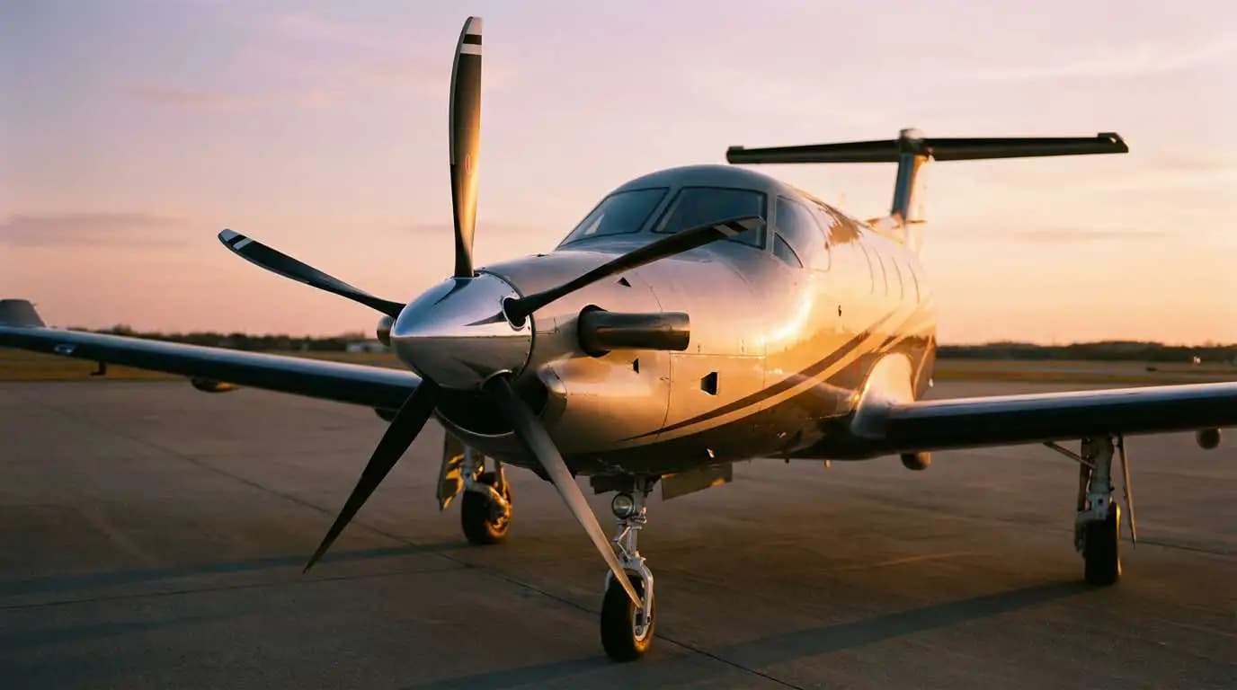 Turboprop plane parked on ramp showing five-blade propeller and PT6 turbine engine cowling