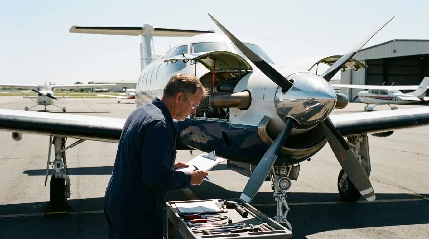 Turboprop plane undergoing pre-purchase inspection on airport ramp with mechanic reviewing engine cowling