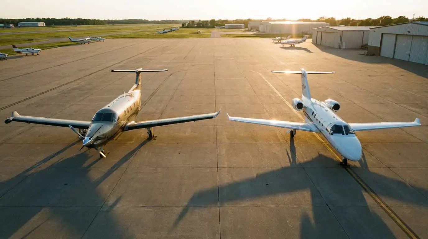 Turboprop plane and business jet parked side by side on airport ramp showing size and design differences