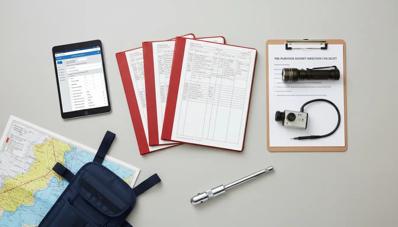 Aircraft logbooks and maintenance records spread out for review