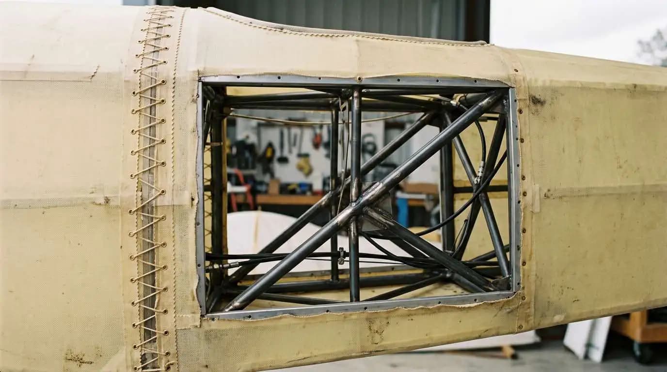 Wild Thing WT-01 fabric covered fuselage detail showing welded steel tube structure underneath