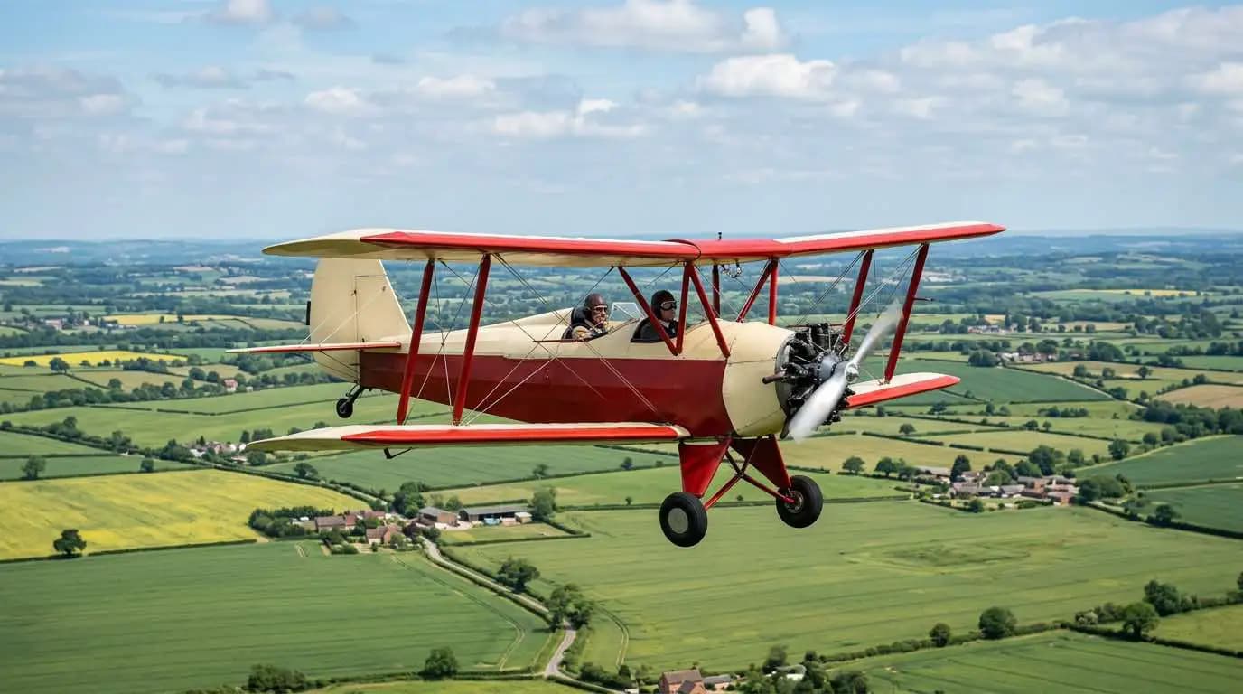 Wild Thing WT-01 ultralight biplane in flight over green countryside from air-to-air angle