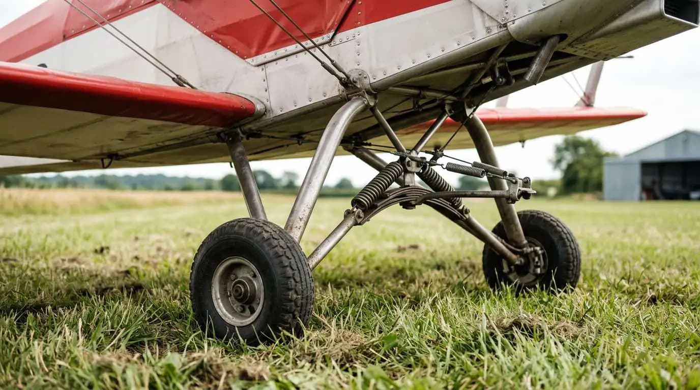 Wild Thing WT-01 tailwheel landing gear closeup showing spring gear on grass airstrip