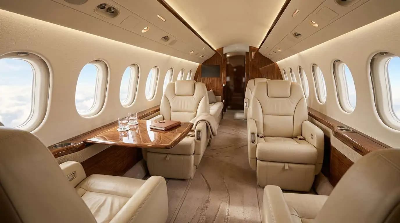 Large cabin private jet interior showing four-seat club configuration with executive leather seating and oval cabin windows