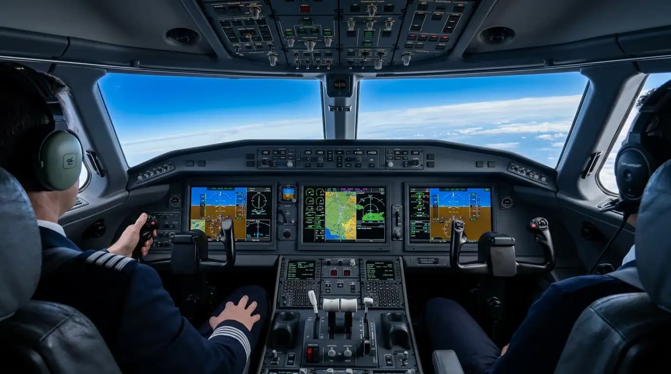Modern integrated glass cockpit avionics suite in a business jet with multi-function displays and digital flight instruments