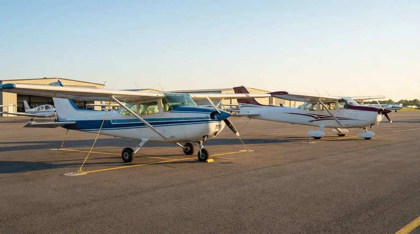 Cessna 150 and Cessna 152 parked side by side on flight school ramp for comparison