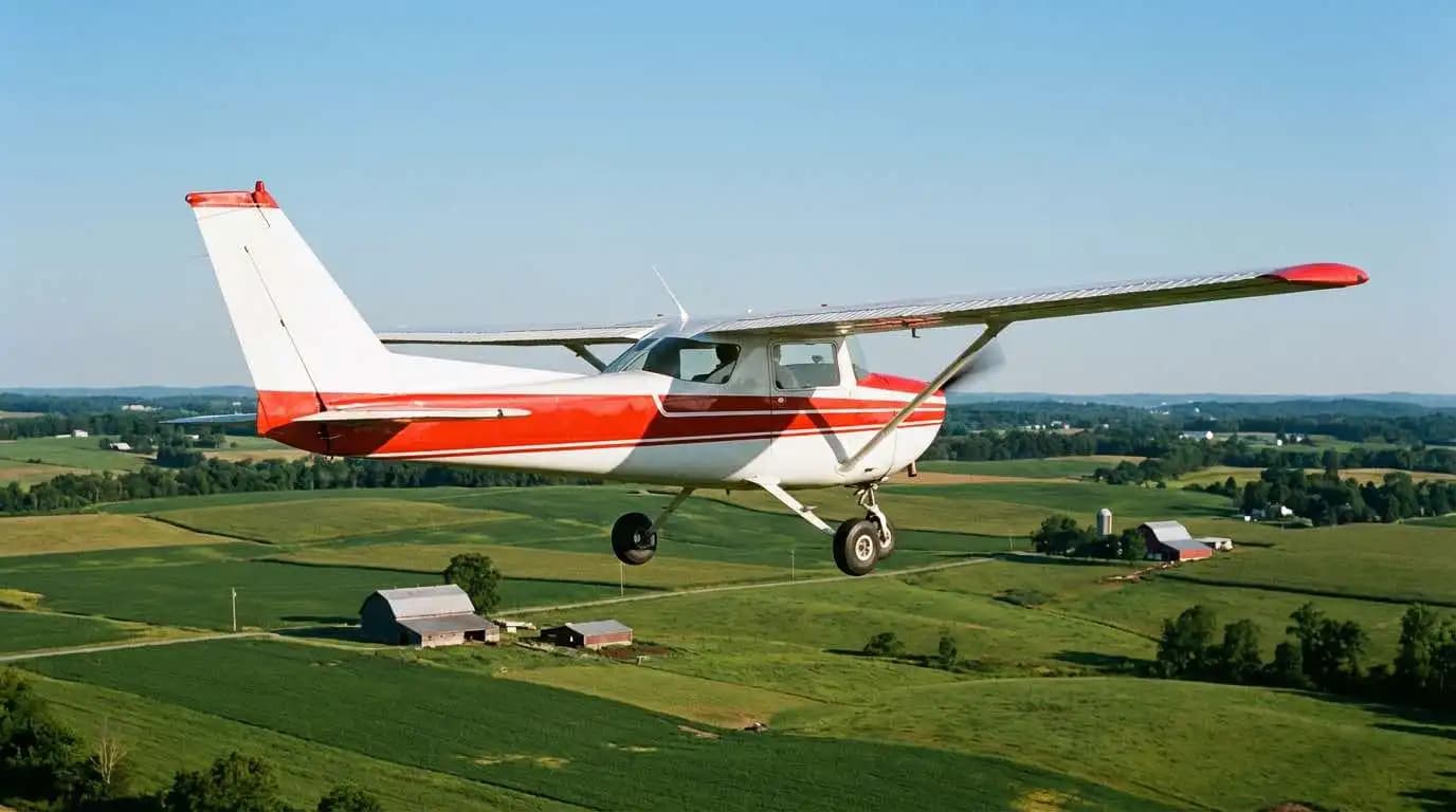 Cessna 150 high-wing trainer in flight over farmland showing classic profile