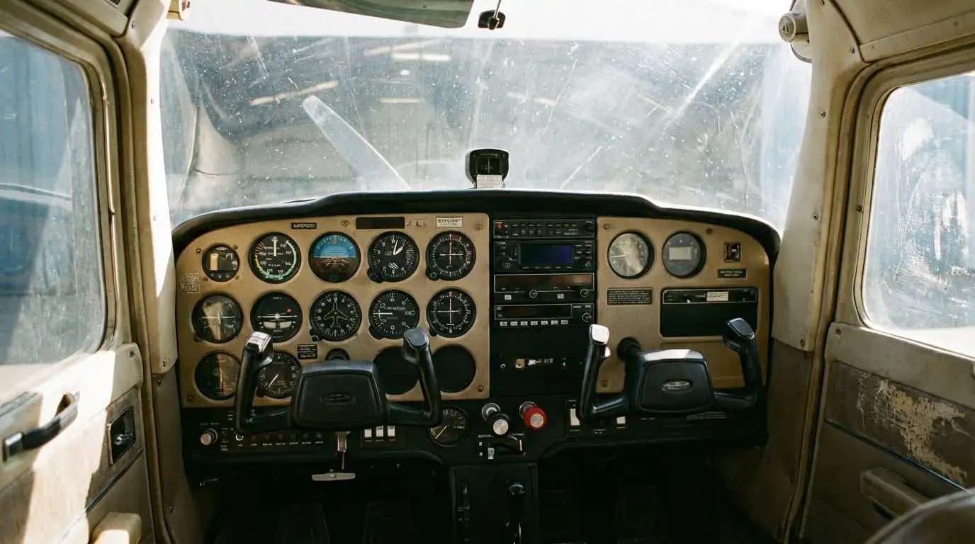 Cessna 152 cockpit instrument panel showing standard training configuration gauges