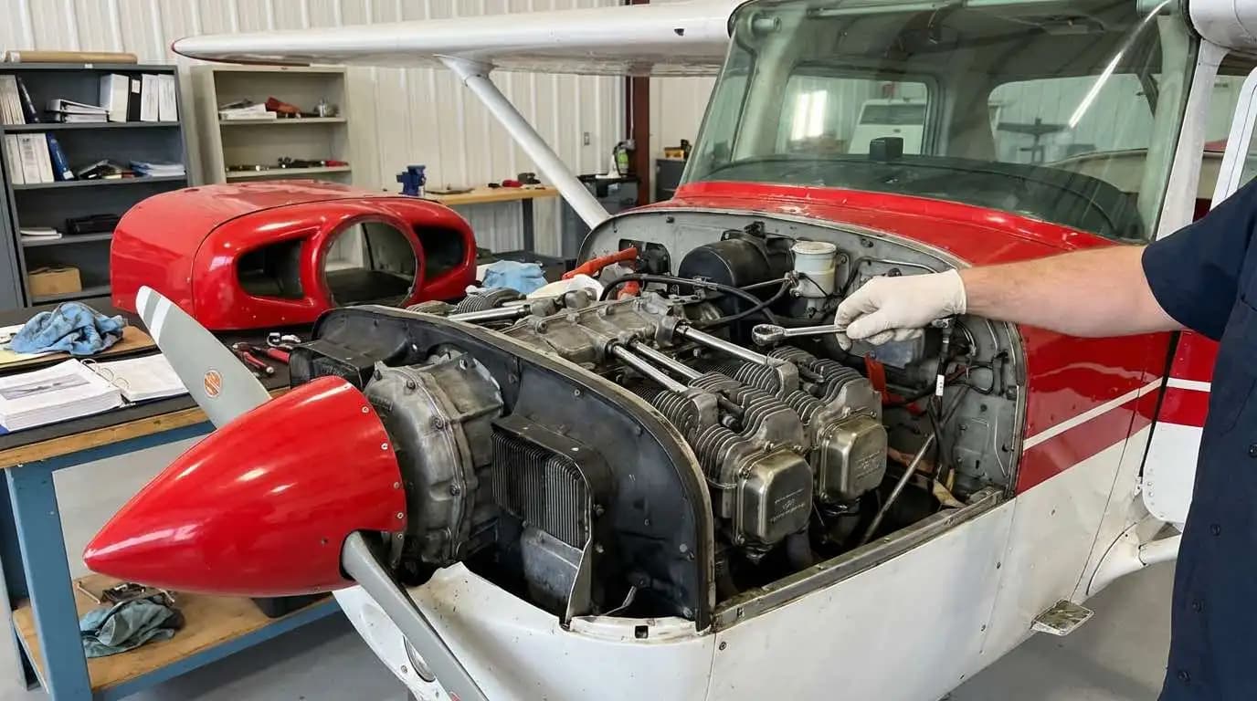 Cessna trainer with engine cowling open showing piston engine during pre-purchase inspection