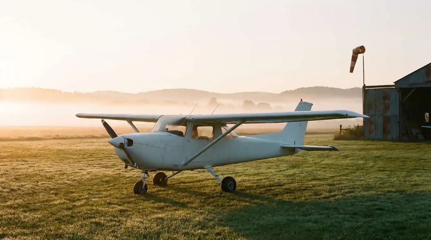 Cessna two-seat trainer parked on grass strip at sunrise showing simple utility